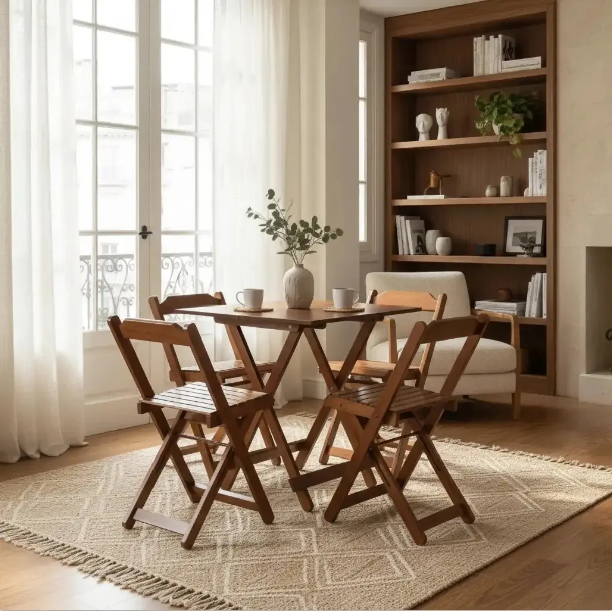 Conjunto de mesa e cadeiras de madeira em ambiente residencial